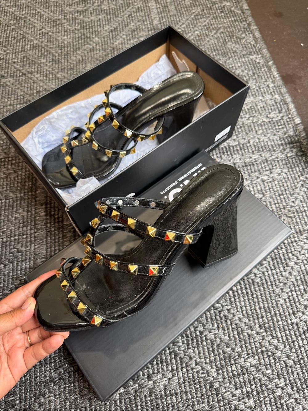 INC International Concepts Black Studded Strappy Block Heels
